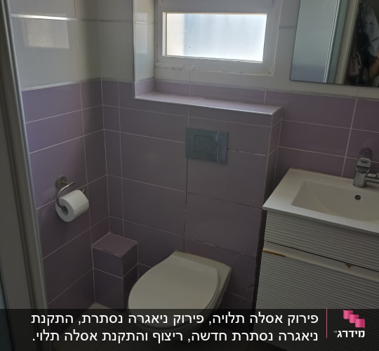 חדר שירותים מעוצב עם אסלה תלויה, ניאגרה סמויה, כיור וברז